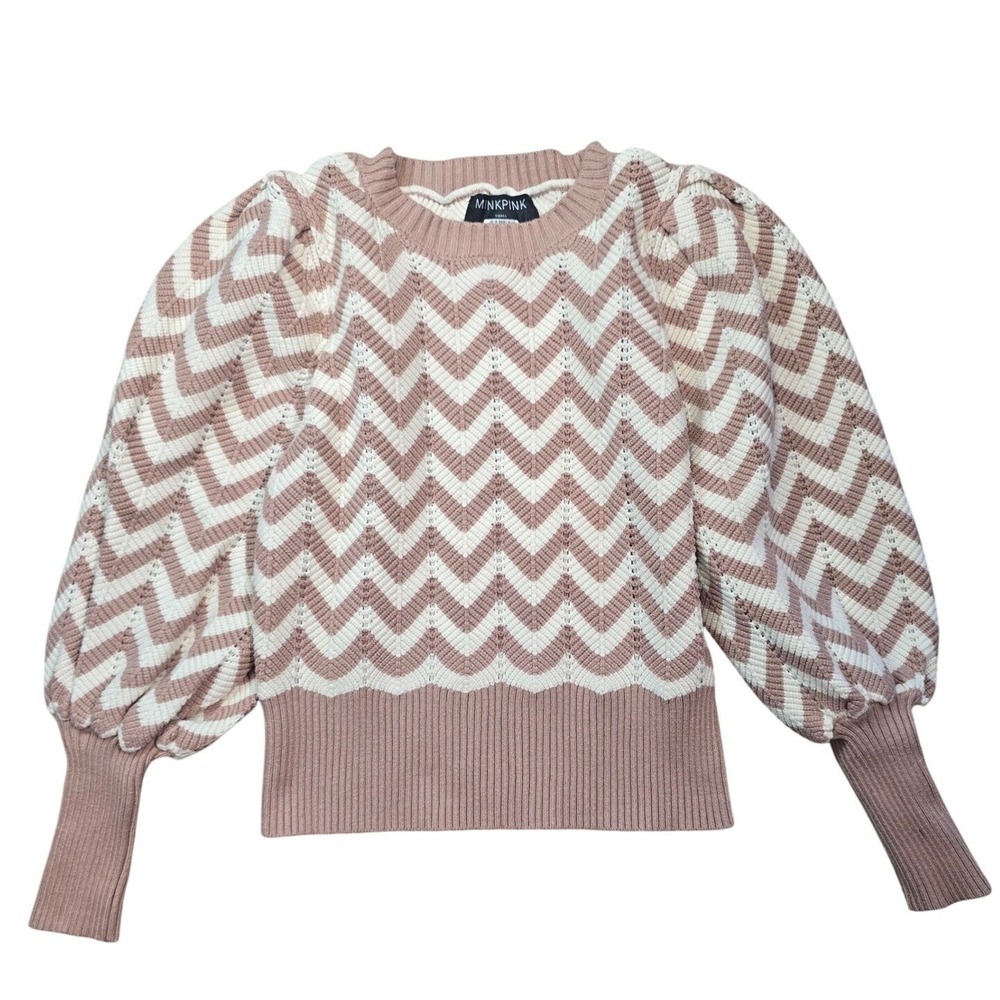 MINKPINK Chevron Puff Sleeve Knit Sweater Womens Small Pink White Textured